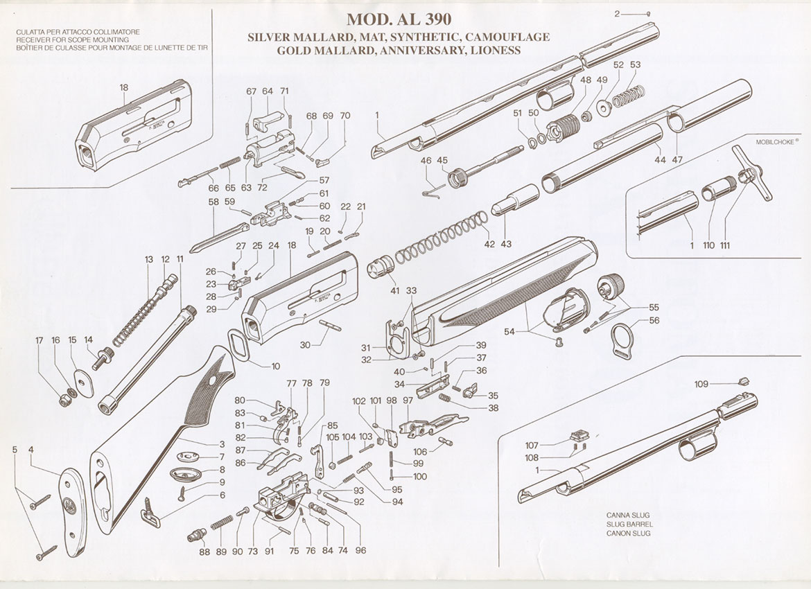 Schematic and Spare parts list Semi-Automatics: A390 STD - De Luxe - Slug - Trap - Skeet 
